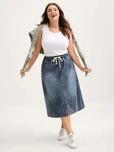 BLOOMCHIC Elastic Band A-Line Denim Skirt - Midi Length Fitted Non-Wash Medium Stretch Slanted Pocket Summer Wear Womenswear Denimlightblue