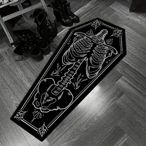 Halloween Home Decor Carpet, Skull Spider Print Coffin Shape Mat, Creative Unique Holiday Gift Rug, Household Decorative Rug, Soft Washable Floor Covering
