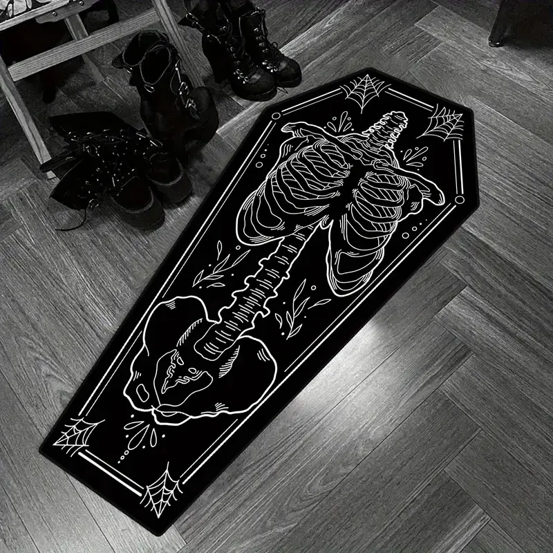 Halloween Home Decor Carpet, Skull and Spider Print Coffin Shape Mat, Creative Unique Holiday Gift Rug, Soft Washable Floor Covering