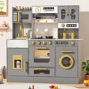 BIERUM Wooden Play Kitchen for Kids Ages 3-8 with Lights & Sounds: Pretend Play Kitchen Set with Stove, Ice Maker, Coffee Maker, Oven & Accessories – Toddler Kitchen Playset for Boys and Girls