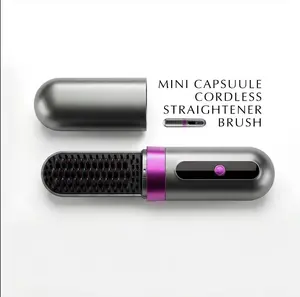 Mini Capsule Cordless Hair Straightening Brush, Rechargeable Heated Brush with LCD Display, Ceramic Bristles, Pocket-Size Travel Hair Styler for On-the-Go Use