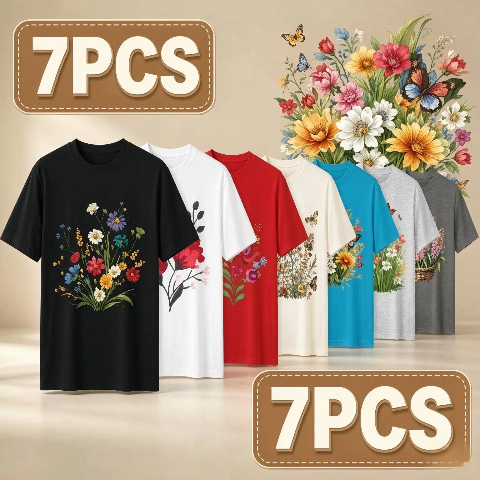 Women's 7-Pack Casual Fashion Short-Sleeve Crew Neck Round Neck T-Shirt, Casual Tee Tops, Watercolor Floral Butterfly Poppy Print, Multiple Colors Available, Machine Washable, Daily Versatile Spring & sohochic