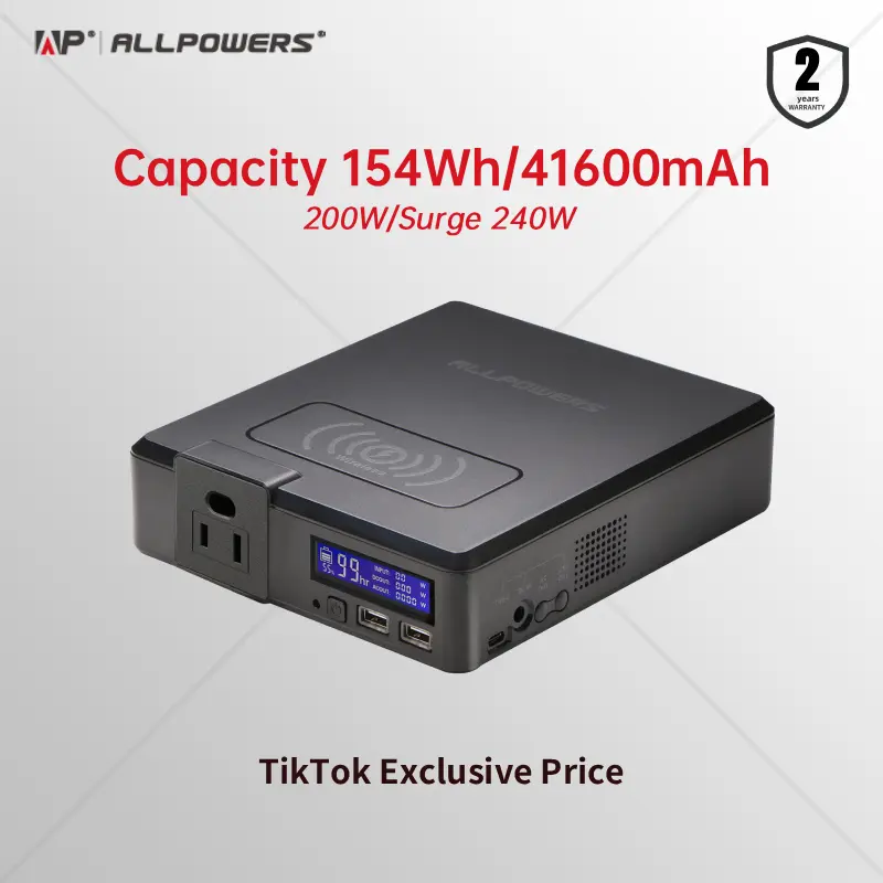 ALLPOWERS S200 Portable Power Bank,Fully Charged in 1.5hours,154Wh Battery Capacity,200W AC output,Portable power station,Smartphone Outdoor backup