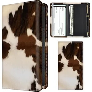 Cute PU Leather Slim Personal Checkbook Cover Holder for Women & Men with Pen Holder Built-in Clear Plastic Divider Brown Cowhide Print