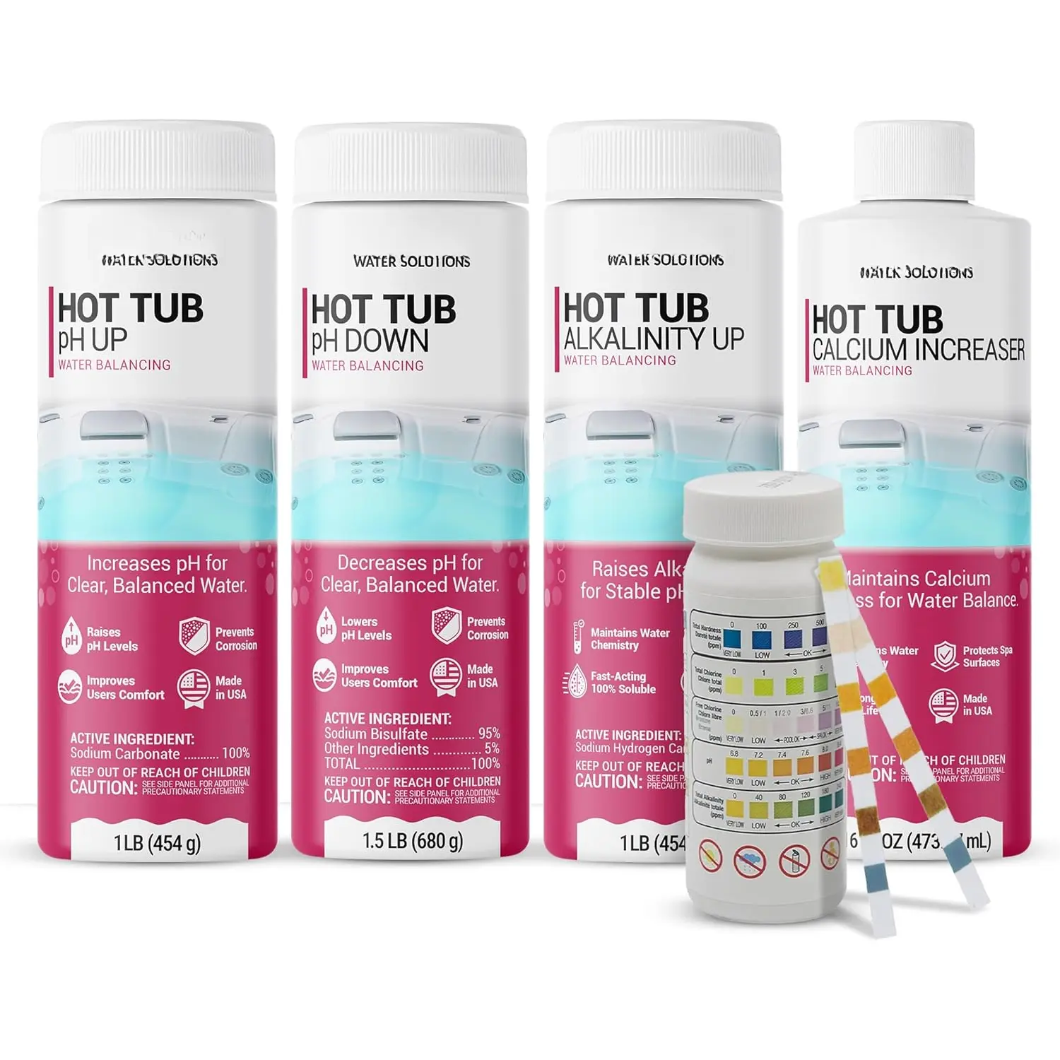 Hot Tub Water Balancing Kit -  pH Up, pH Down, Alkalinity Increaser, Calcium Hardness Increaser & Test Strips -   Starter Kit for Inflatable &  Hot Tubs -