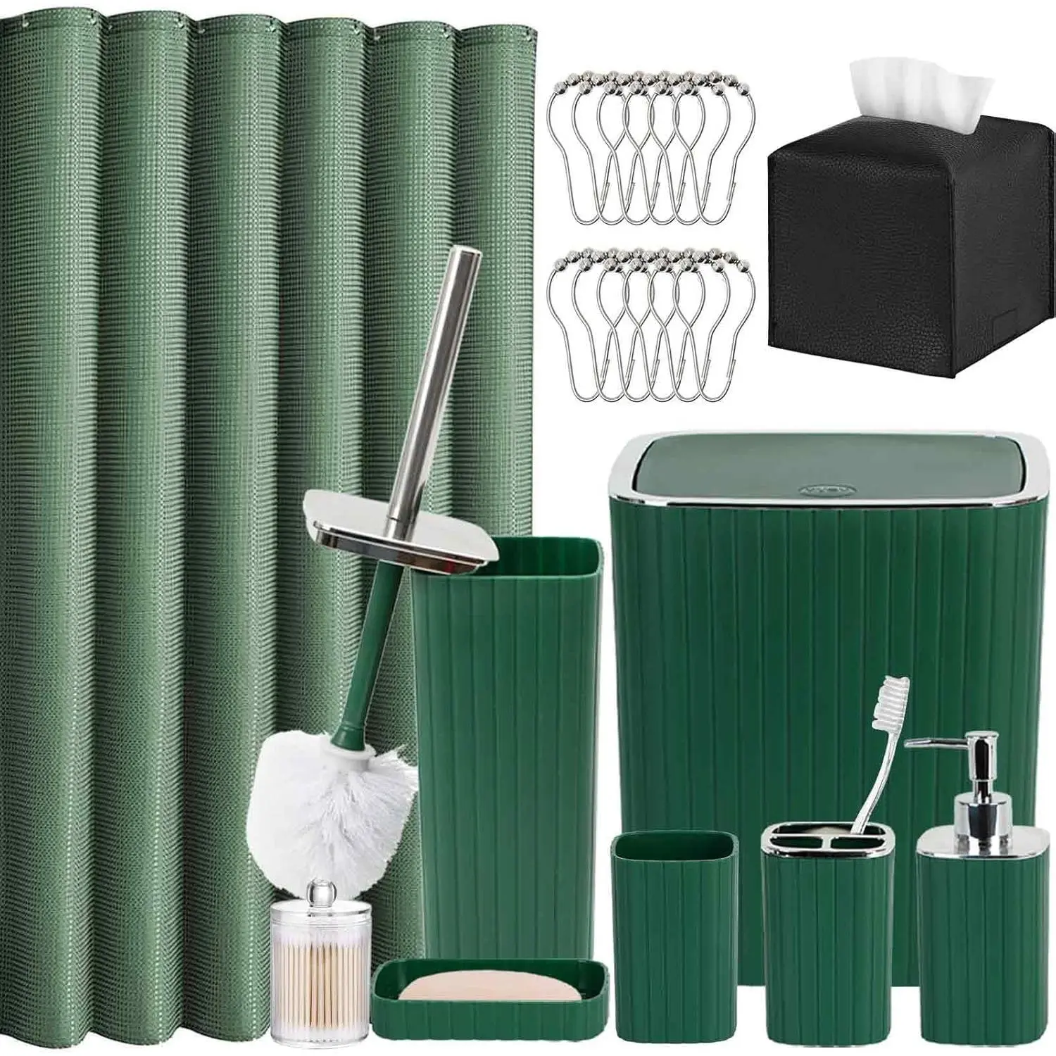 Bathroom Accessories Set, 21Pcs Green&Silver Bathroom Set, Including Shower Curtain, Toothbrush Holder, Trash Can, Toilet Brush, Bathroom Soap Dispenser Set for Bathroom Decor