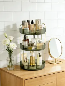 360 Degree Rotating Makeup Organizer 3 Tiers Green Vanity Shelf Collapsible Stackable Storage for Cosmetics Skincare