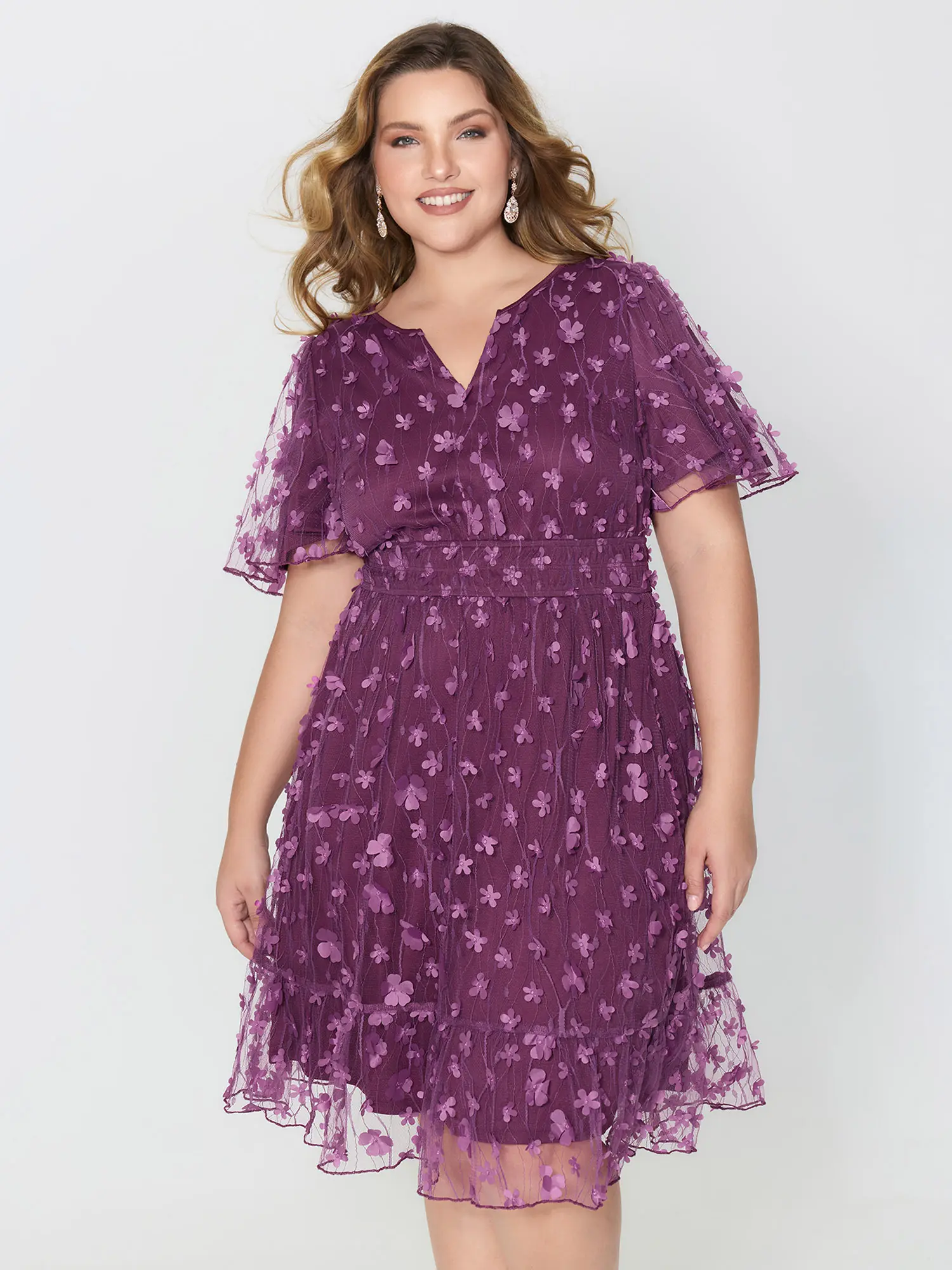 BLOOMCHIC Women's Casual Short-Sleeve Midi Dress - Polyester-Spandex Spandex Garment, 3D Floral Embroidered Mesh Pocket, Flattering Fit, Party & Casual Summer Wear, Shortsleeve, Casual Wear