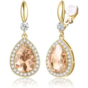 CASSIECA Elegant Clip on Earrings for Women Sparkling Teardrop Dangle Clip Earrings Non-Pierced Rhinestone Cubic Zirconia Wedding Prom Jewelry 14K Gold-plated and Silver Tone