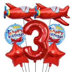 7count Airplane Balloons Red Airplane Birthday Number Foil Balloon Aviator Adventure Theme 1-9th Birthday Party Supplies Decors
