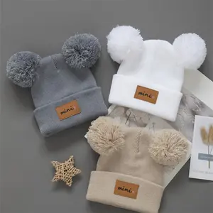 3pcs Breathable Stretchy Infant Knit Beanie with Heart Pompoms| Hand Washable, Mixed Colors, New Year's Occasion, Daily Casual Wear