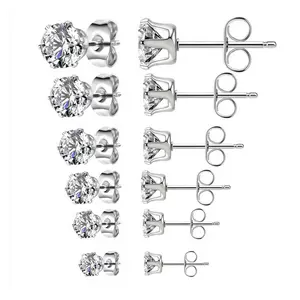 CZ Stud Earrings Set of 6 Hypoallergenic Stainless Steel Silver 3mm–8mm for Everyday Wear AAA+ Cubic Zirconia 316L Steel Secure Butterfly Backing