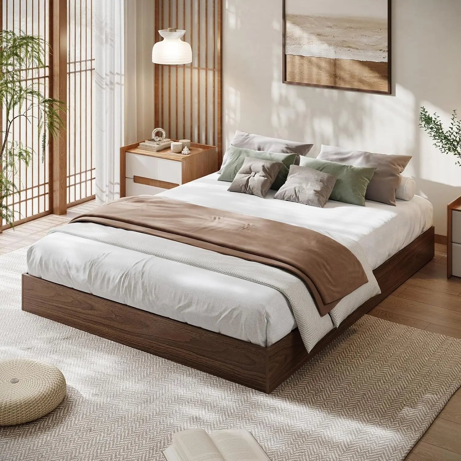 Gaomon Walnut Finish Solid Wood California King Bed Frame - Slatted Bed Base, Durable Slats, Floor-Standing Design, Modern Minimalist Style, Natural Grain, No Box Spring Needed, Space-Saving, Easy Assembly Required