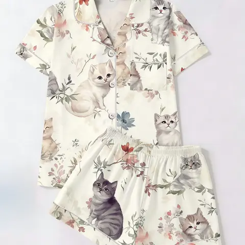 Cute Cat & Floral Print Pajamas Set, Loungewear, Short Sleeve Shirt & Shorts, Two-Piece Set, Casual Home Wear, Loungewear And Homewear for All Seasons