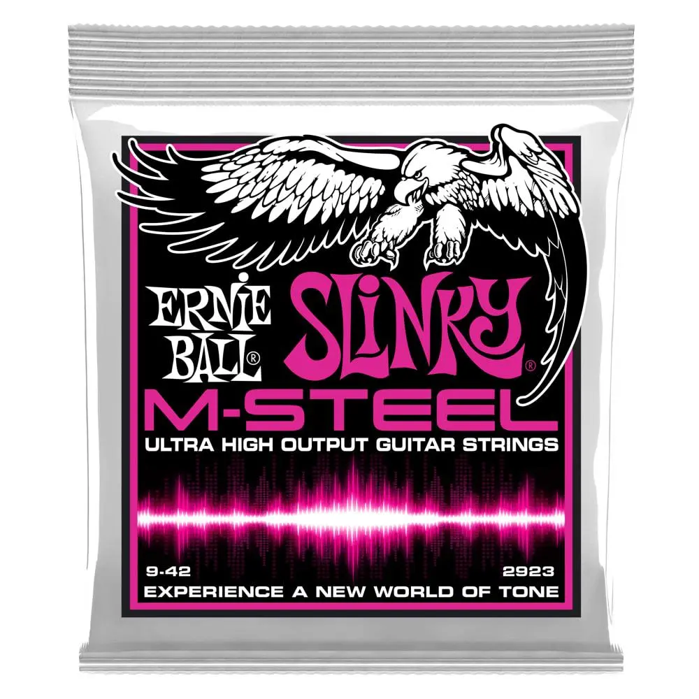 Ernie Ball Super Slinky M-Steel Electric Guitar Strings Set - Hex Core, Super Cobalt, Maraging Steel, .09-.042 Set Gauge (..09,.011,.016,.024W.032,.042), Maximum Fatigue Resistance, Powerful Low-End Response, Reduces Slippage, Richer & Fuller Tone