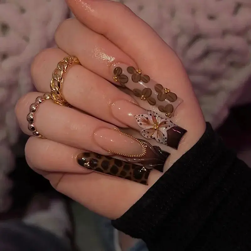 24Pcs Brown Long Coffin False Nails Glitter Ballet Wearable with French Design Fake nails Full Press on Nail Ins Nail Tips Art