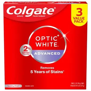 Colgate Optic White Pasta de Dientes Blanqueadora Avanzada con Peróxido de Hidrógeno, Menta, 3.2 oz, Paquete de 3