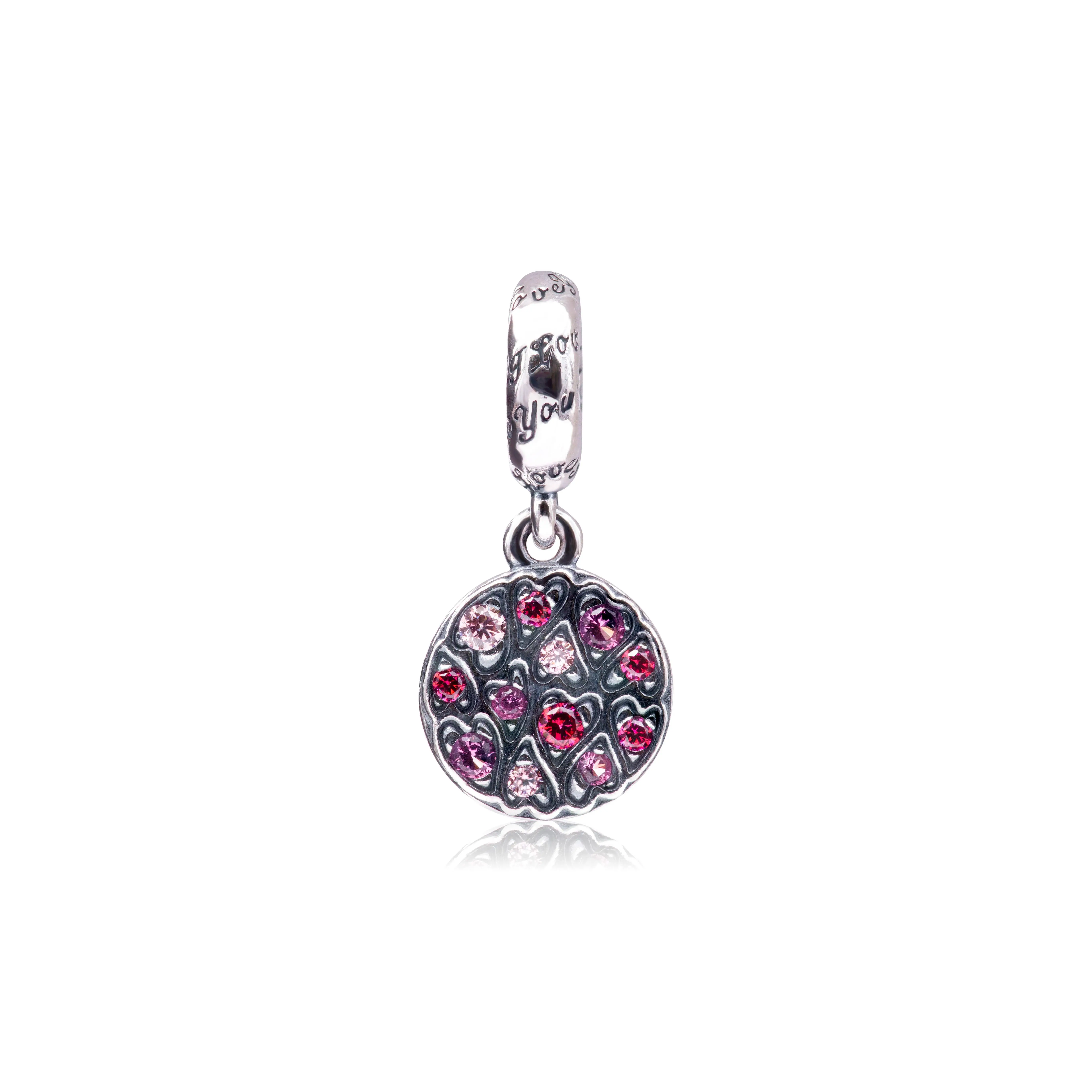 PANDORA Sparkling Heart Dangle Charm - Love Gift, Pink Crystals, Synthetic Ruby, Engraved Bail, Small Cut-Out Heart, "I Love You" Engraving, Flat Disc, Round, Bling Effect, Bright, Adults, Charms & Pendants 799558C01