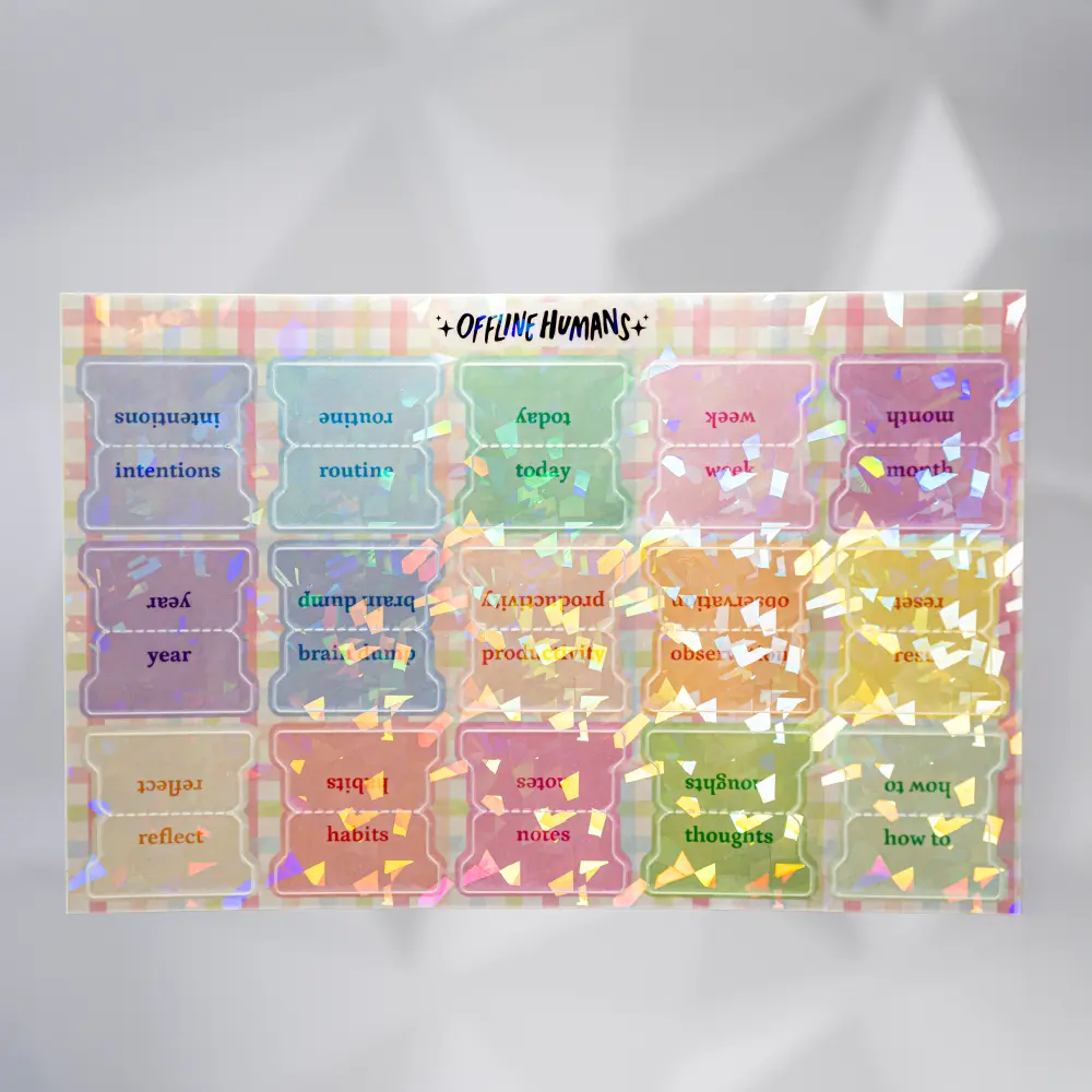 Offline Humans Shimmer Journal Tabs Holographic Planner Dividers 15 Tabs Sticky Labels Sticker Paper Vinyl Decal Sticker Sheets for Best Me Journal or Sticker Notebook
