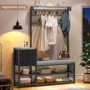 5-in-1 Entryway Hall Tree with Bench and Shoe Storage Grey Hanging Metal Coat Rack Furniture