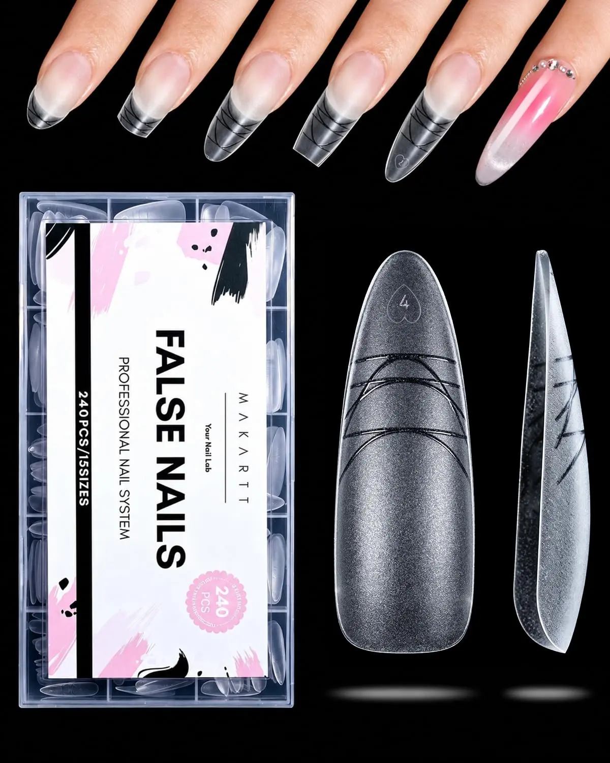 Makartt Long Almond Nail Tips: with Scales for Convenient Shape, Matte, 240 PCS, 15 Sizes, Fake Nails Stiletto - Full Cover Acrylic Press On Nail Extensions Manicure DIY Home for All Nail Beds