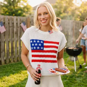 Women's American Flag Graphic Relaxed Fit Short Sleeve Knit Sweater Top for Independence Day Festivals & Casual Streetwear Knitwear - Womenswear