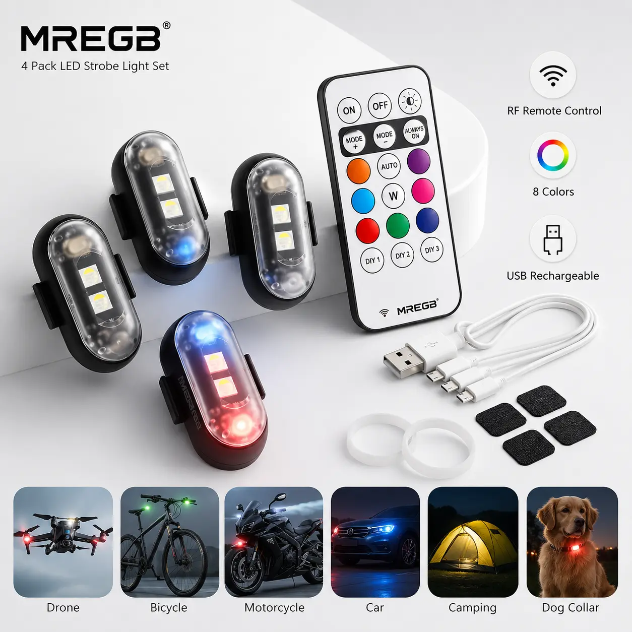 MREGB Wireless RGB LED Strobe Rock Lights, Anti-Collision Emergency Warning Flash Light with Remote Control, Type-C Rechargeable Waterproof Under Glow for Car, Motorcycle, Truck & Drone