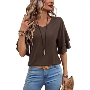 Womens Blouses Ruffle Short Sleeve T Shirts V Neck Double Tiered Bell Outfit 3/4 Sleeve Tops Fashion Loose Fitting clothes
