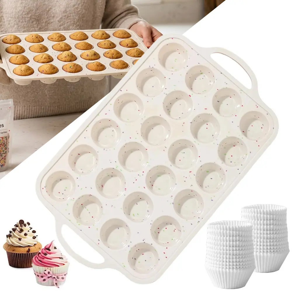 Summerwins Silicone Bakeware Set - 24-Cavity Mini Cupcake Tin Pan with Metal Reinforced Frame, 200pcs Standard White Creamy Confetti Liners, Oven-Safe, Durable, Dishwasher-Safe Molds for Baking Mini Muffins, Candy