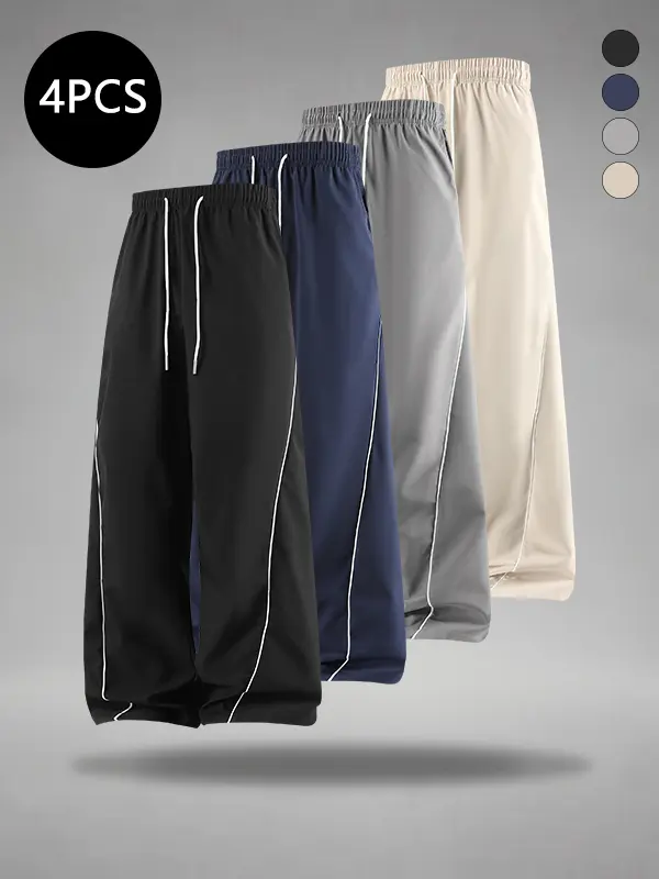 4-Pack Men’s Spring/Autumn Trendy Versatile Athletic Joggers — American Street Style Striped Sweatpants, Loose Straight-Leg Casual Pants