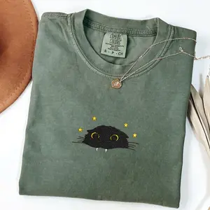 Comfort Colors Embroidered Cute Black Cat Halloween Shirt, Cat Shirt, Halloween Vintage, All size-Full Color, Gift for Him and Her