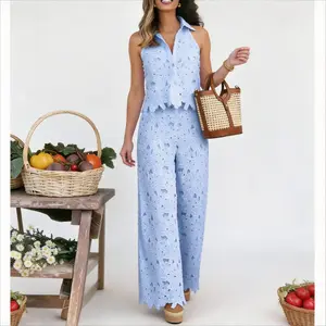 Summer Women's  Retro Lace Outfit Set V-Neck Vest Top& Wide-Leg Straight-Cut Trousers Two-Piece Luxury Embroidery Hollow Temperament Suit Elegant Summer Outfit