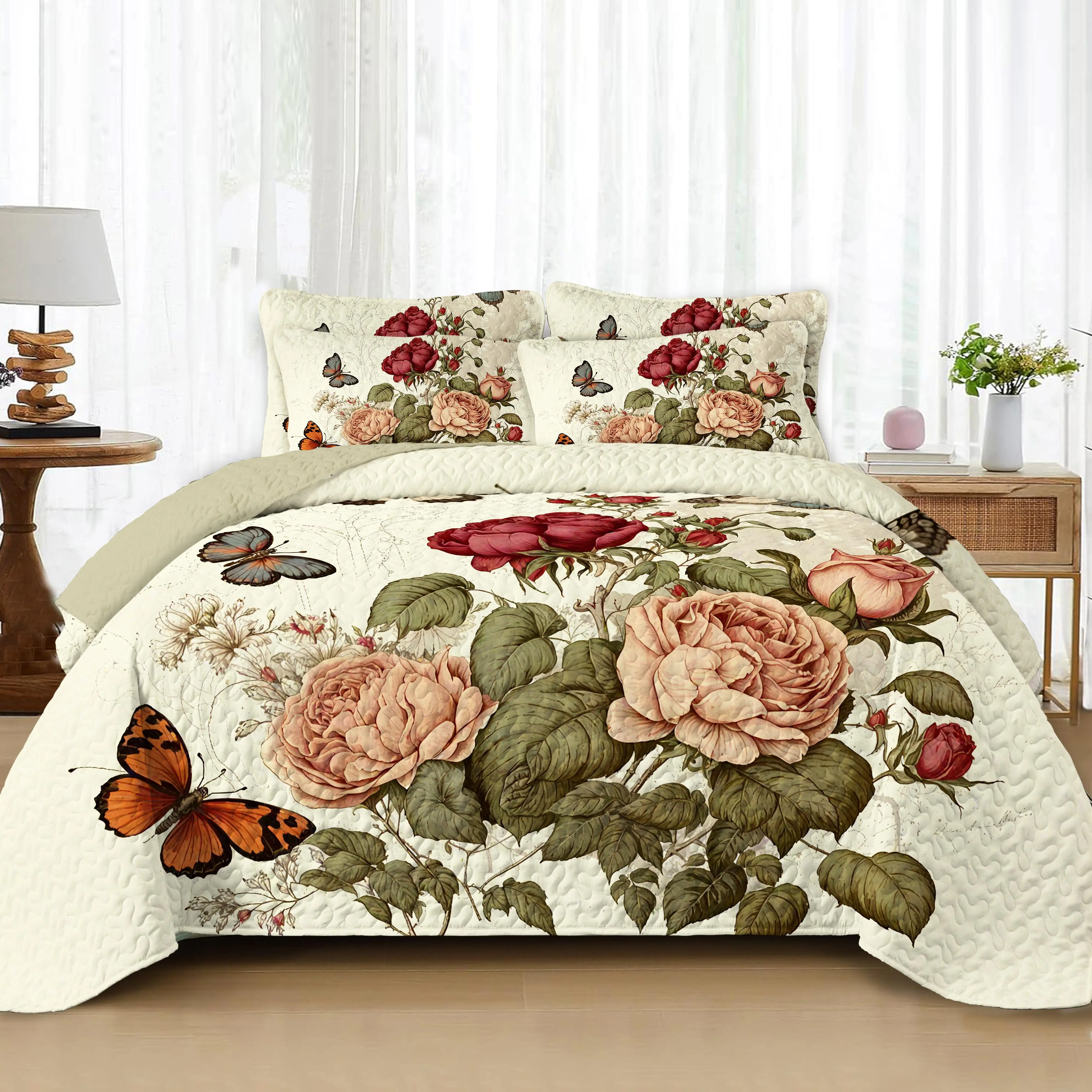 Peony & Butterfly Lightweight Quilted Thin Quilt, All-Season Use, Soft and Skin-Friendly, Pastoral Style Printed Bedspread/Bedding Set (King/Queen/Full Sizes Include 2 Decorative Pillow Shams; Twin Size Includes 1 Decorative Pillow Sham)