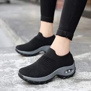 Women's Knit Slip-On Sneakers Air Cushion Platform Shoes Comfortable Casual Walking Indoor Outdoor Shoes