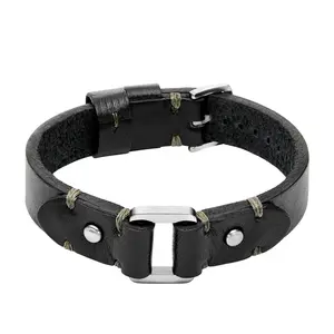 Fossil Men's Machine Rugged Stainless Steel and Black Leather Strap Bracelet