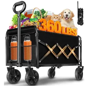 AMADA HOMEFURNISHING Foldable Wagon Cart Collapsible Utility Cart with 360 lbs Capacity Expandable 90L Storage 2 Cup Holders Perfect for Groceries Gardening & Camping