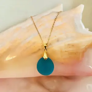 Sea Glass Pendant Necklace, Gold Bail Beach Glass Jewelry, 14k Gold Filled Necklace, Holiday Gift for Friend, Unisex Jewelry, Turquoise Blue