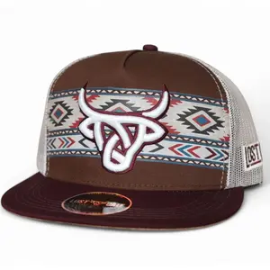Root Flat Bill Brown Hat with Aztec Design Lost Calf - Brown Trucker Cap with Unique Aztec Pattern