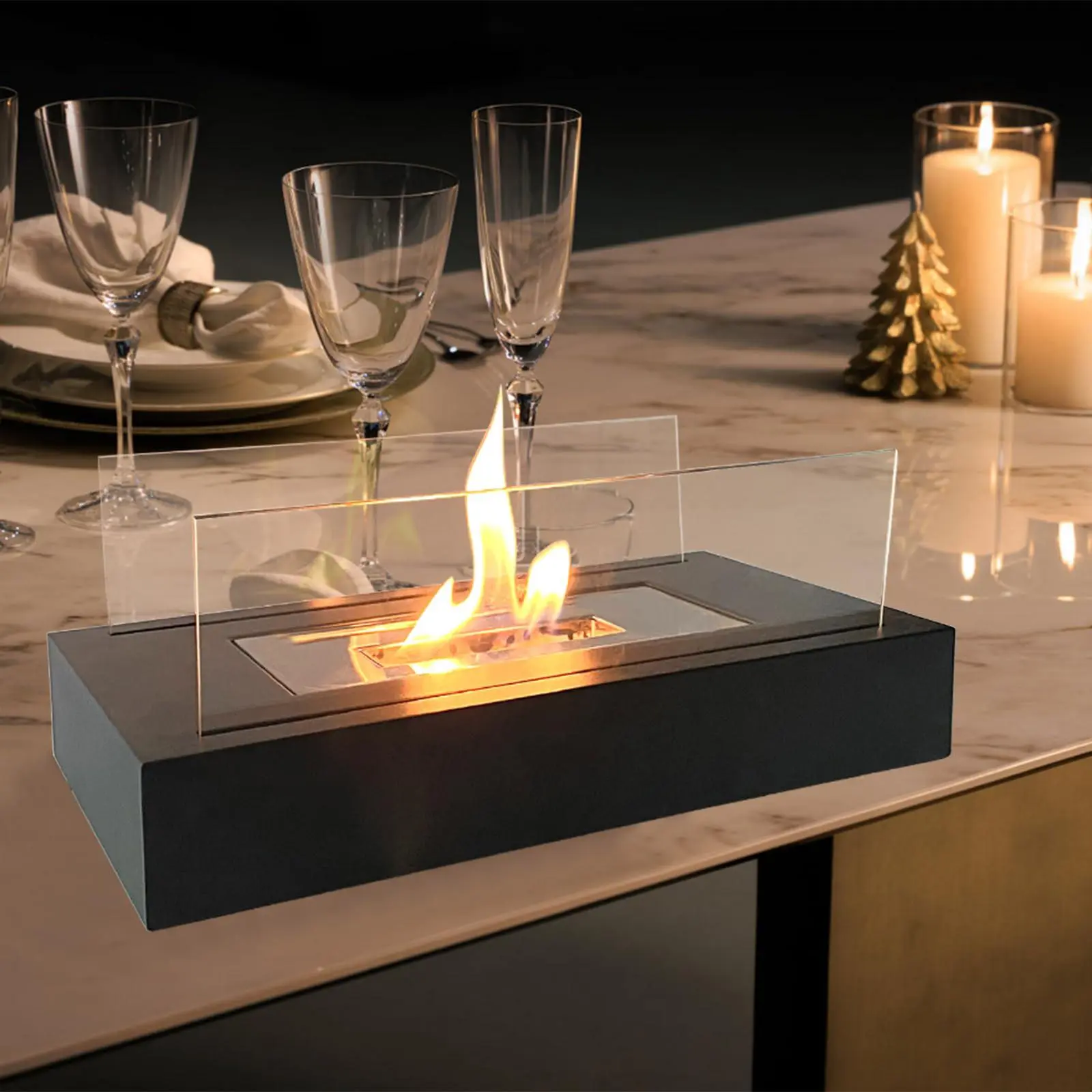 Portable Tabletop Fire Pit, Rectangular Alcohol Fireplace, Indoor & Outdoor Fireplace for Home Decor, Fashionable Desktop Fireplace for Living Room Decor, Modern Decorative Outdoor Fire Pits