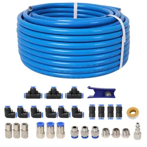 Polyurethane Air Tube Kit with Quick Connect Kit, 1/2 in OD × 60ft Length Blue Tubing, Industrial Quick Connect Coupler and Plug, Garage Air Compressor Accessories