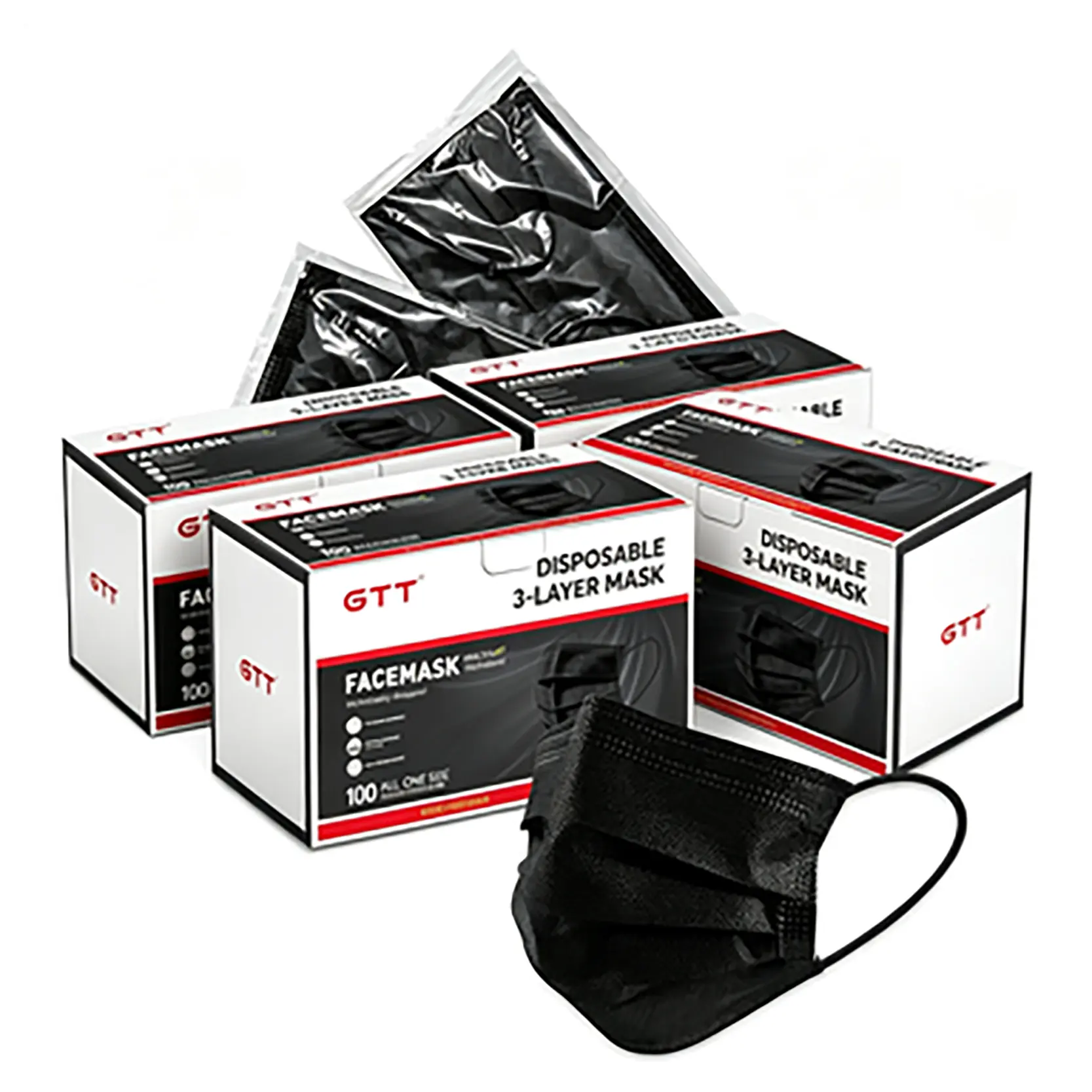 GTT Disposable 3-Ply Black Protective Face Masks - Protection, Lightweight, Skin-Friendly, Soft Stretch Ear Loops, 100 Individually Wrapped Pieces in 2 Boxes, Breathable Home Care Dust Covers, Ultra-Portable, Reduce Glasses Fogging, No Cross-Contamination