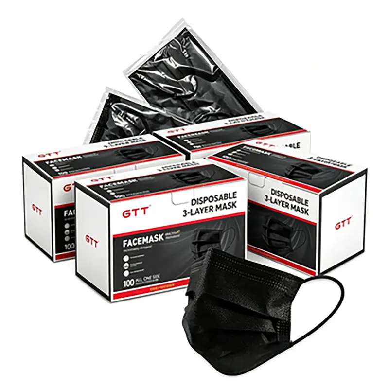 GTT Disposable 3-Ply Black Safety Masks - Minimalist Style, Mask Fit, Dustproof, Lightweight, Skin-Friendly, Soft Stretch Ear Loops, 100 Individually Wrapped Pieces in 2 Boxes, Breathable, Ultra-Portable, Reduce Glasses Fogging, Daily Barrier Protection