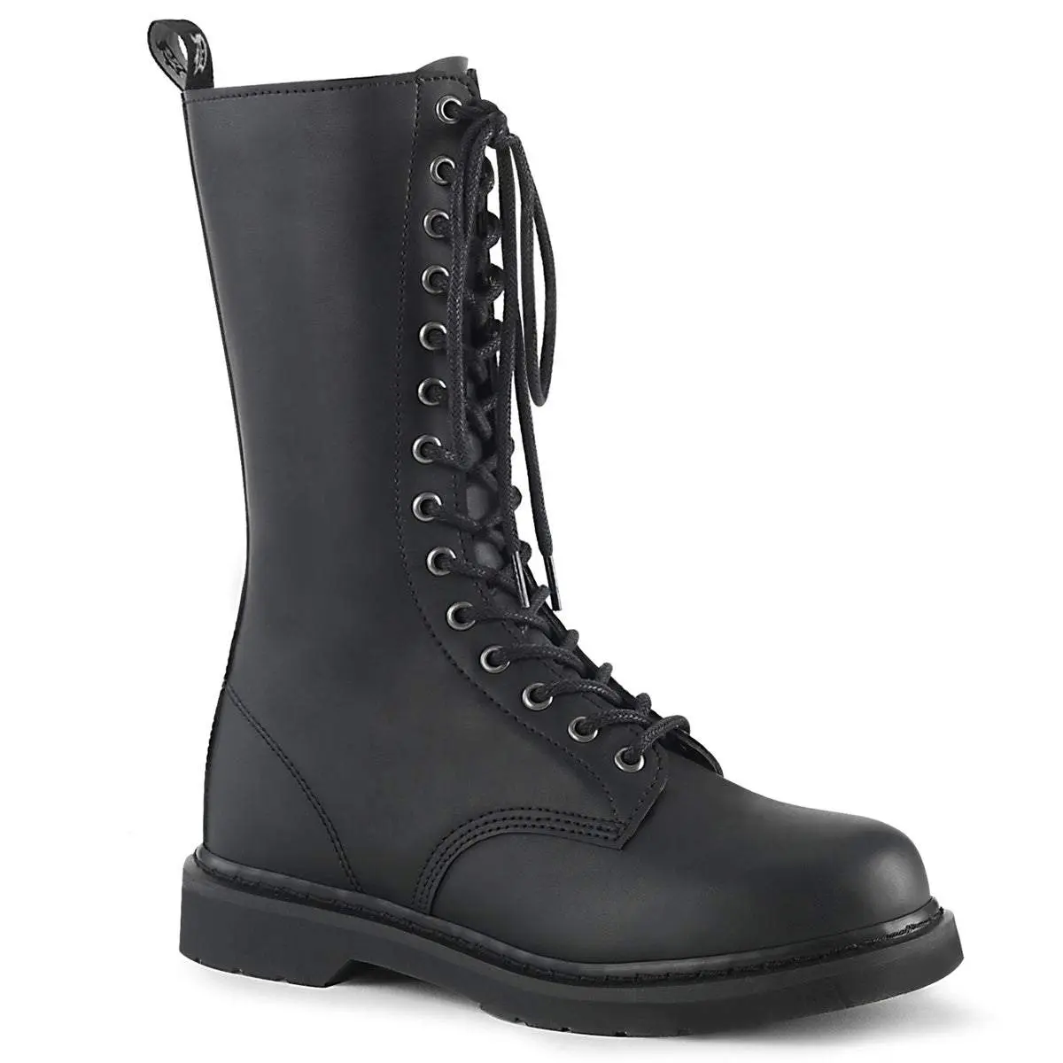 Demonia Men's Bolt-300 Black Vegan Leather Knee-high Boots - 14-Eyelet Lace-Up, Flat Heel, Inside Zip Closure, Casual Footwear
