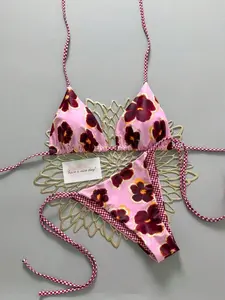 Women's Two-Piece Swimsuit Set, Floral Print Summer Bikini, Vacation Beach Wear, Comfortable Slim Fit, Sexy Tie Back, Ditsy Floral Pattern, Ideal for Pool Parties