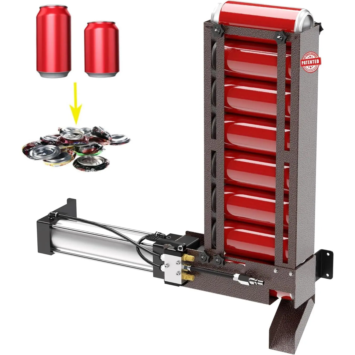 Wall-Mounted Pneumatic Can Crusher Equipment, Fast-Crushing Kitchen Utensil with Adjustable Crushing Settings, Hopper, Integrated Basket, 12oz-16oz Automatic Aluminum Smasher for Eco-Friendly Recycling (10% Flat Cans)