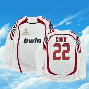 06 07 AC Away 22 Kaka White Red Long Sleeve Soccer Jerseys Fans Version