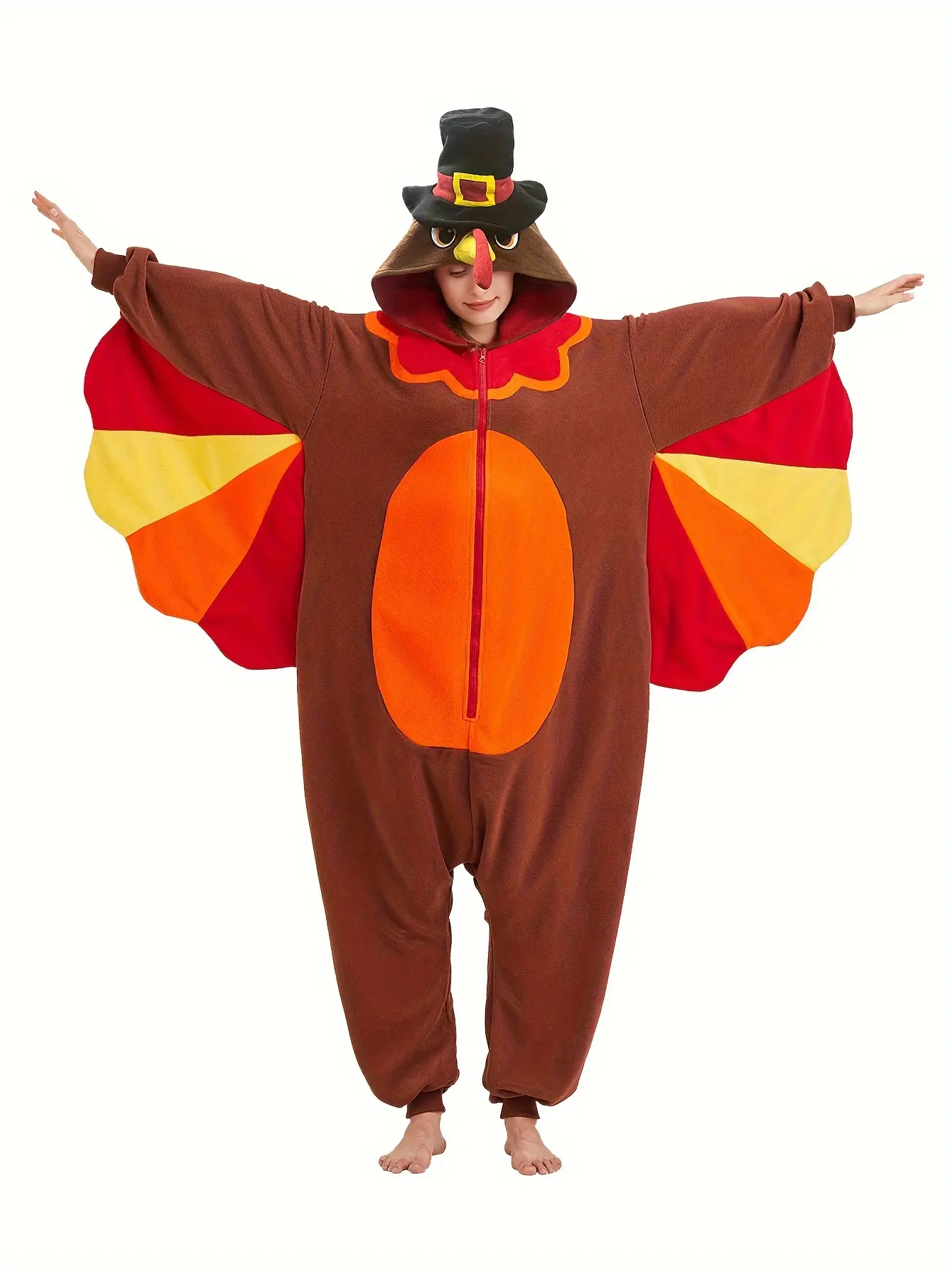 Women's Turkey Embroidery Onesie Pajama - Small, Colorful Baggy Polar Fleece Loungewear, Long-Sleeve Slip-On Zipper Jumpsuit with Pockets, Soft Comfortable Durable Nightwear, Cosplay Costume, Polyester Arm Sleeve Clothes