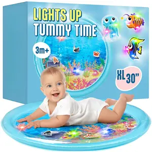 30" Light-Up Tummy Time Water Mat for Babies with 3 LED Glow-Up Fish & 3 Floating Toys, Easy to Clean
