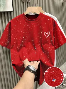 Fashion New Silver Color Heart Print T-Shirt, Valentine's Day Gift for Boyfriend Girlfriend, Casual Fitted Long Sleeve Tee Clothes