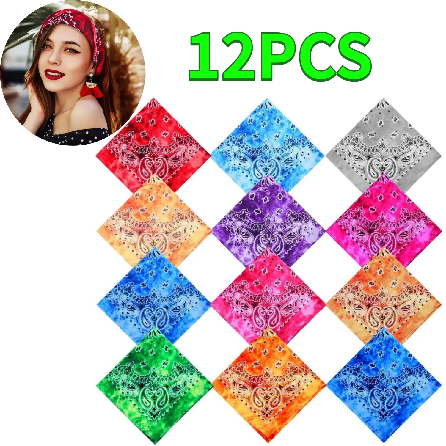 12PCS Cotton Blend Tie-Dye Bandanas - Athletic Headbands, Colorful Hair Accessories for Beach, Party, Hiking, Men-Women, with Decorative Stitching (Home Improvement, Building Supplies, Wallpaper & Wall Trim, Assorted Colors)